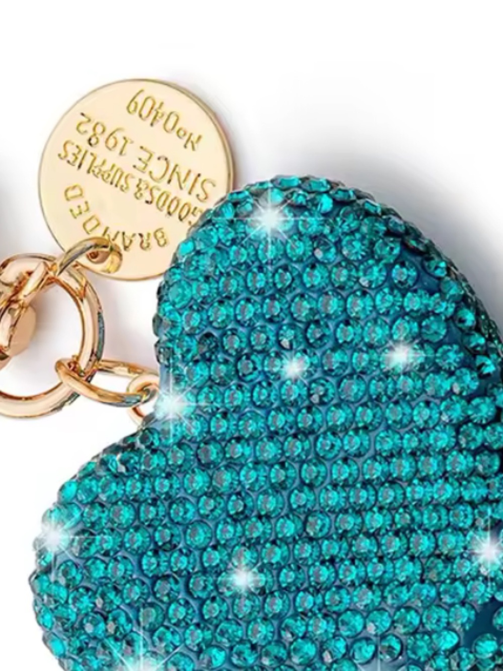 Gold-Tone Keyring with Teal Crystal Heart Charm - Picture 2 of 4